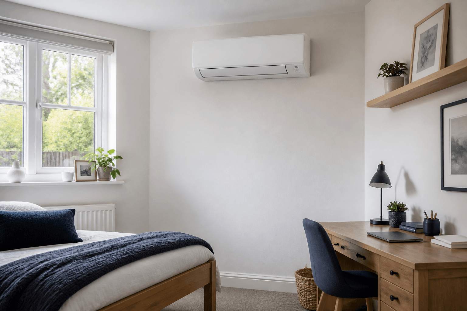 Wall-mounted air-conditioning unit in a calm contemporary bedroom and home workspace