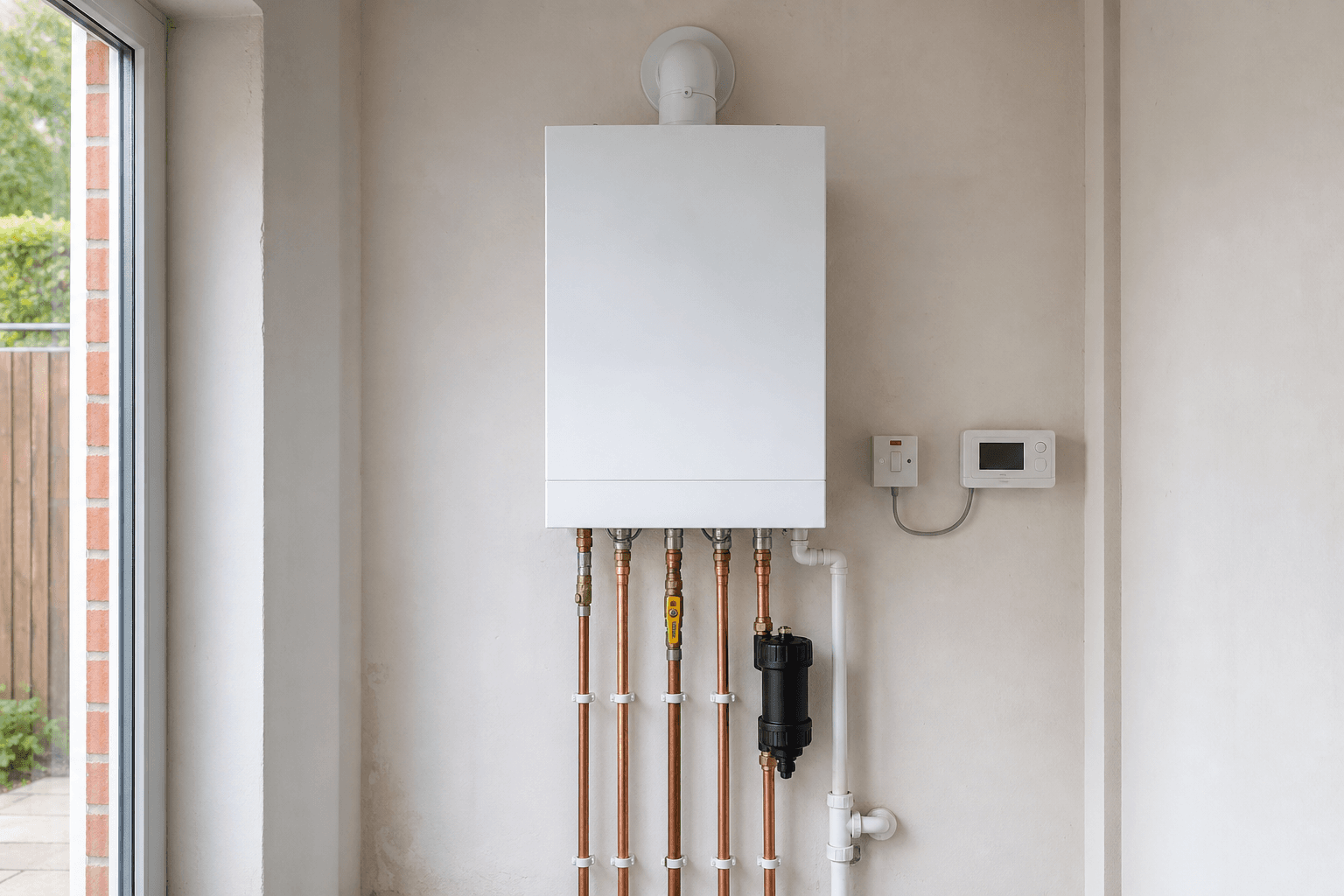 Modern boiler installation with neat heating pipework